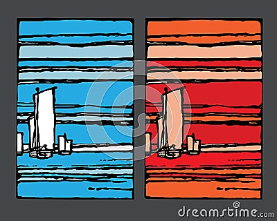 Boats at daytime and sunset. Japanese Vector Illustration